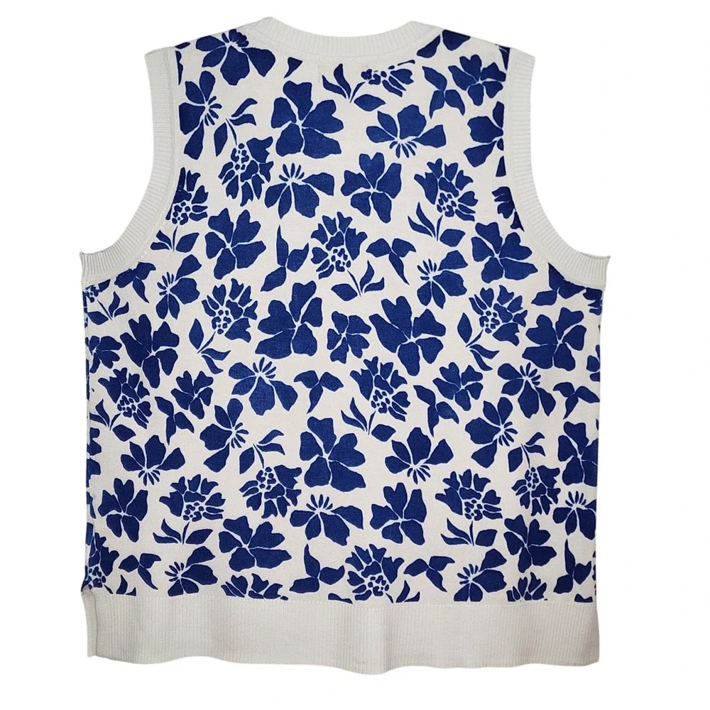 Style Co Petite PL‎ Blue White Floral Print Knit Sweater Vest Sleeveless Top
